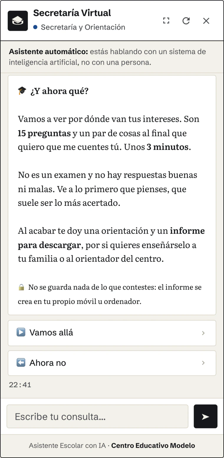 La entrada del test de orientación en el asistente: avisa de que son quince preguntas y unos tres minutos, de que no es un examen, y de que no se guarda nada porque el informe se crea en el propio dispositivo.